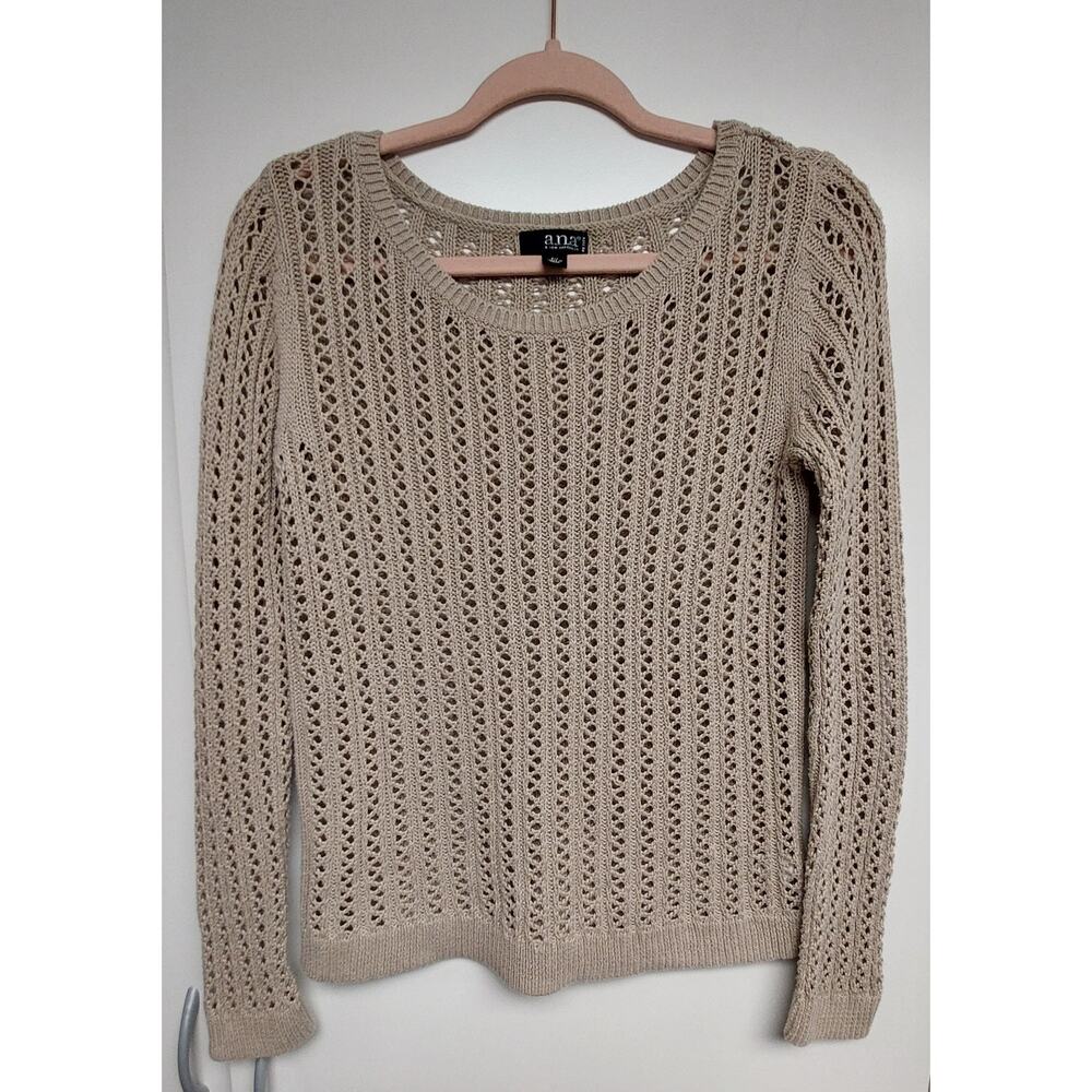 A.N.A. Crew Neck Loose Knit Pullover Sweater Natural Beige Petite Medium